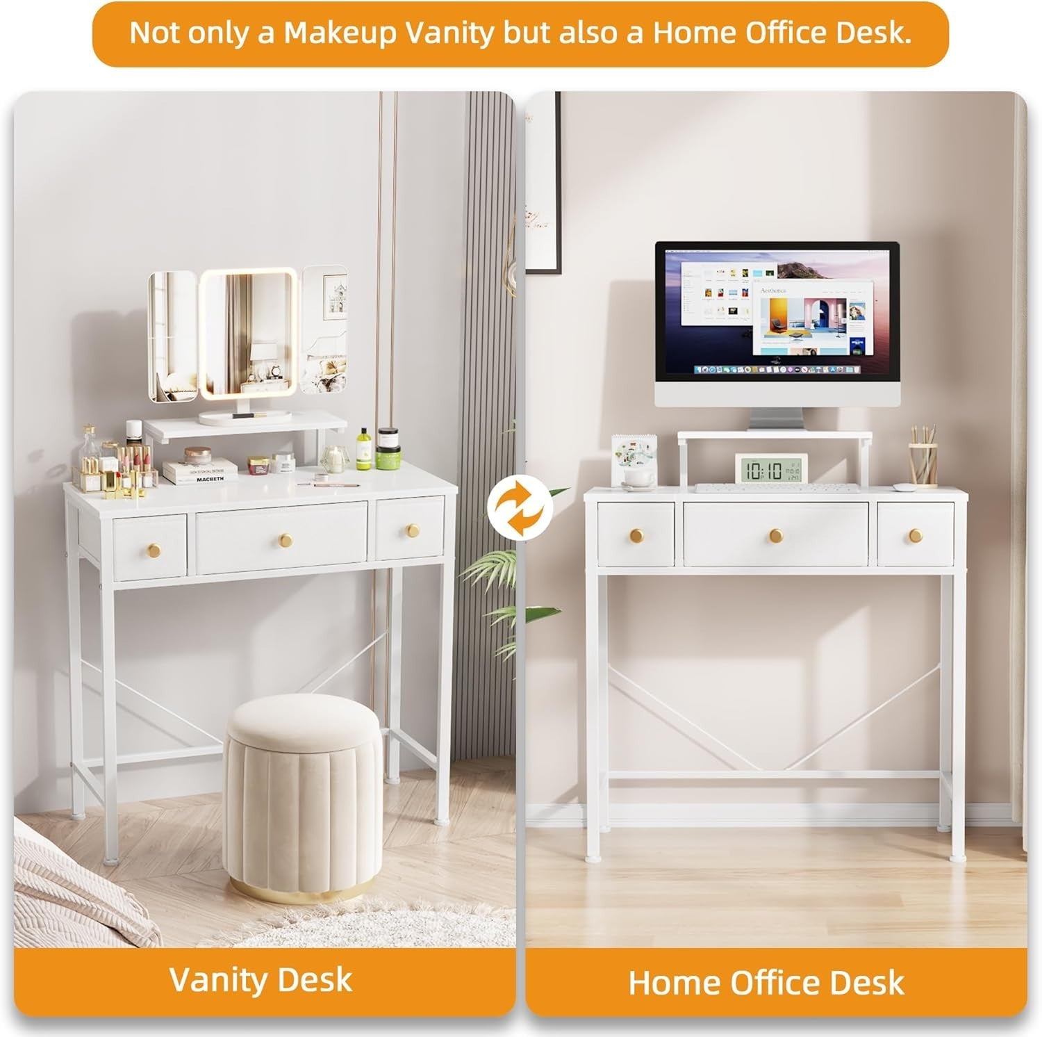 Vanity Makeup Dressing Table Desk 3-Fold LED Mirror Adjustable Height 3 Drawers