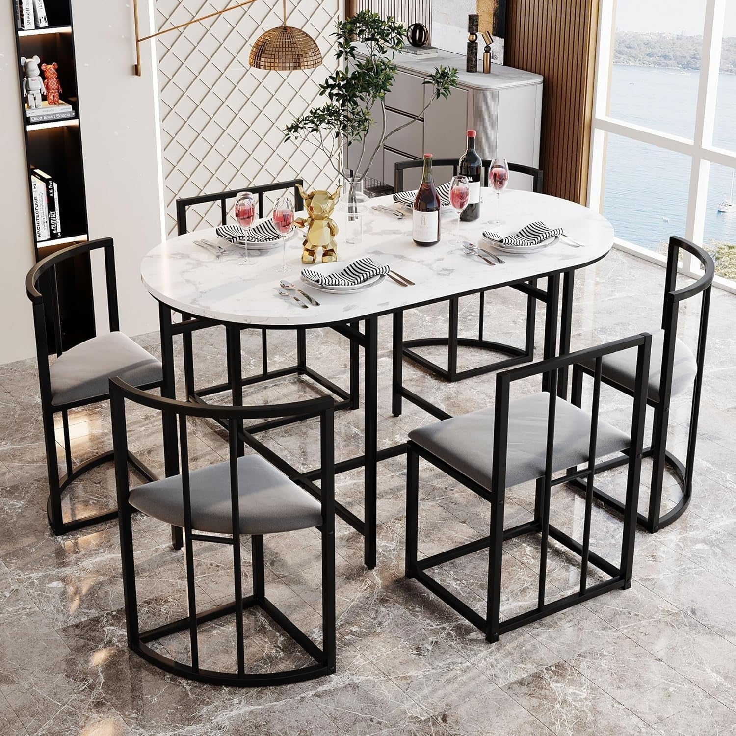 Modern 6-Piece Dining Table Set with Storage & Cushioned Chairs, 140x80x76cm