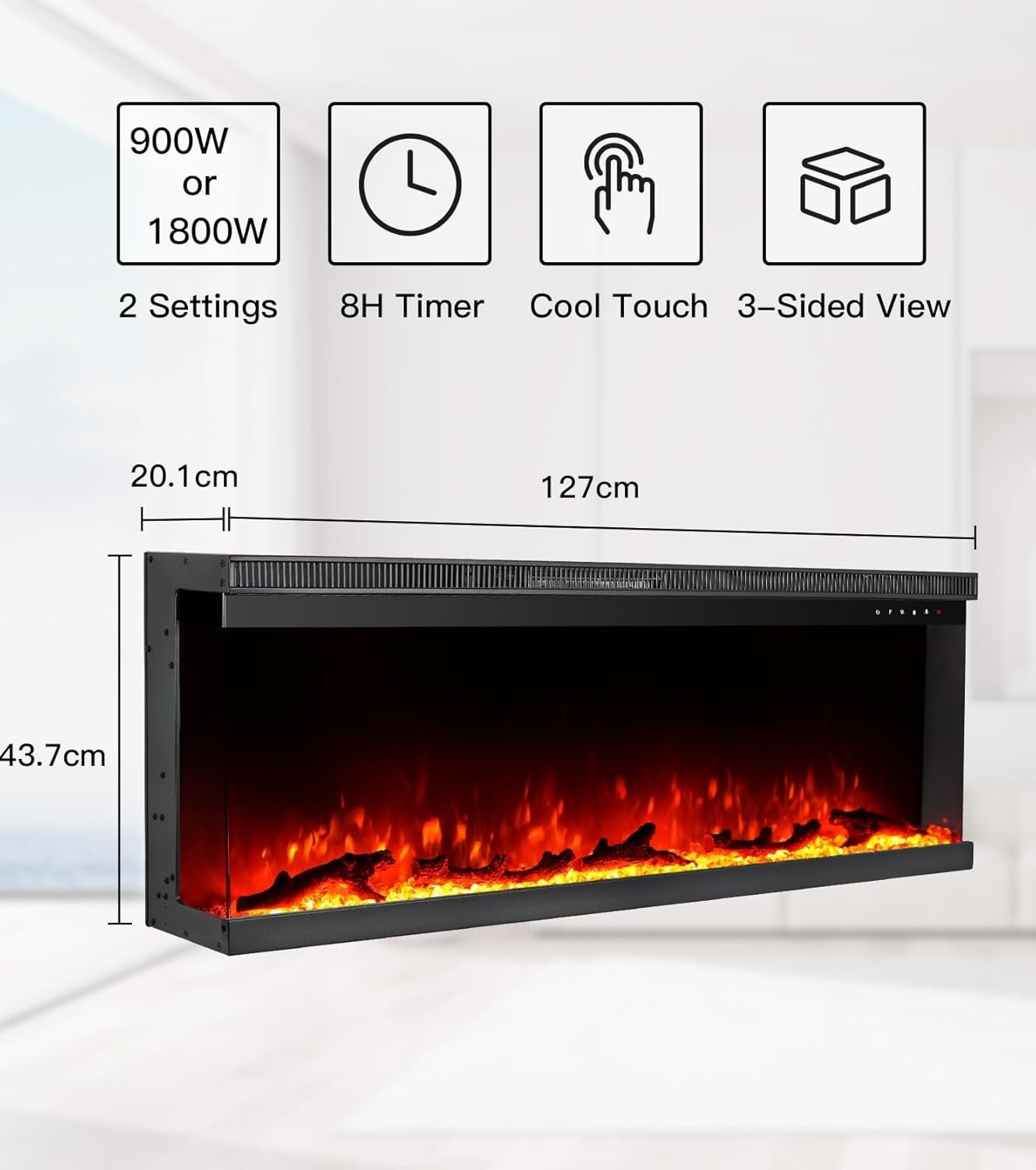 Electric 3-Sided Wall-Mount Fireplace 1800W Flame Effect Remote Control