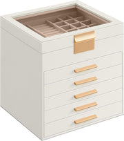 Cloud White Gold Jewellery Box Glass Lid 6 Layer Organizer with Drawers