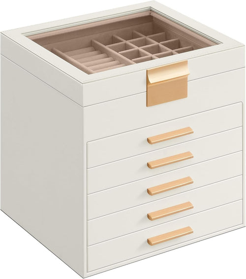 Cloud White Gold Jewellery Box Glass Lid 6 Layer Organizer with Drawers