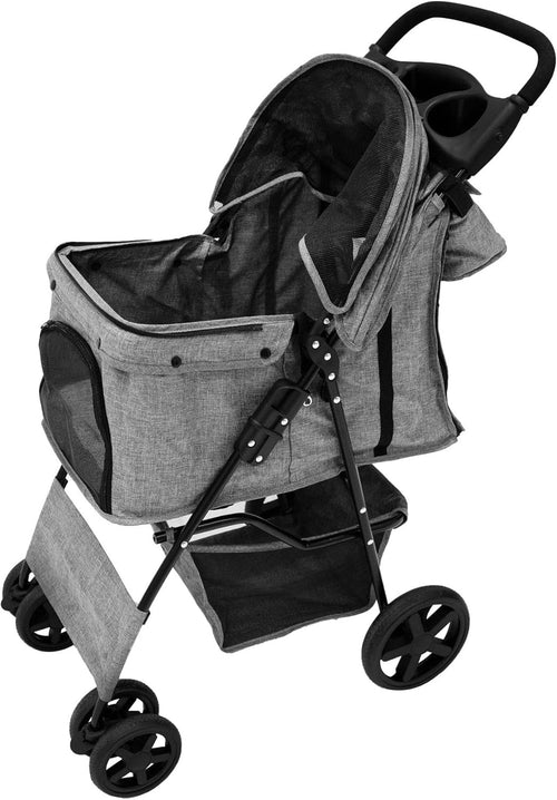 Woven Grey Pet Stroller Pushchair with Detachable Caddy Bag 15kg Foldable