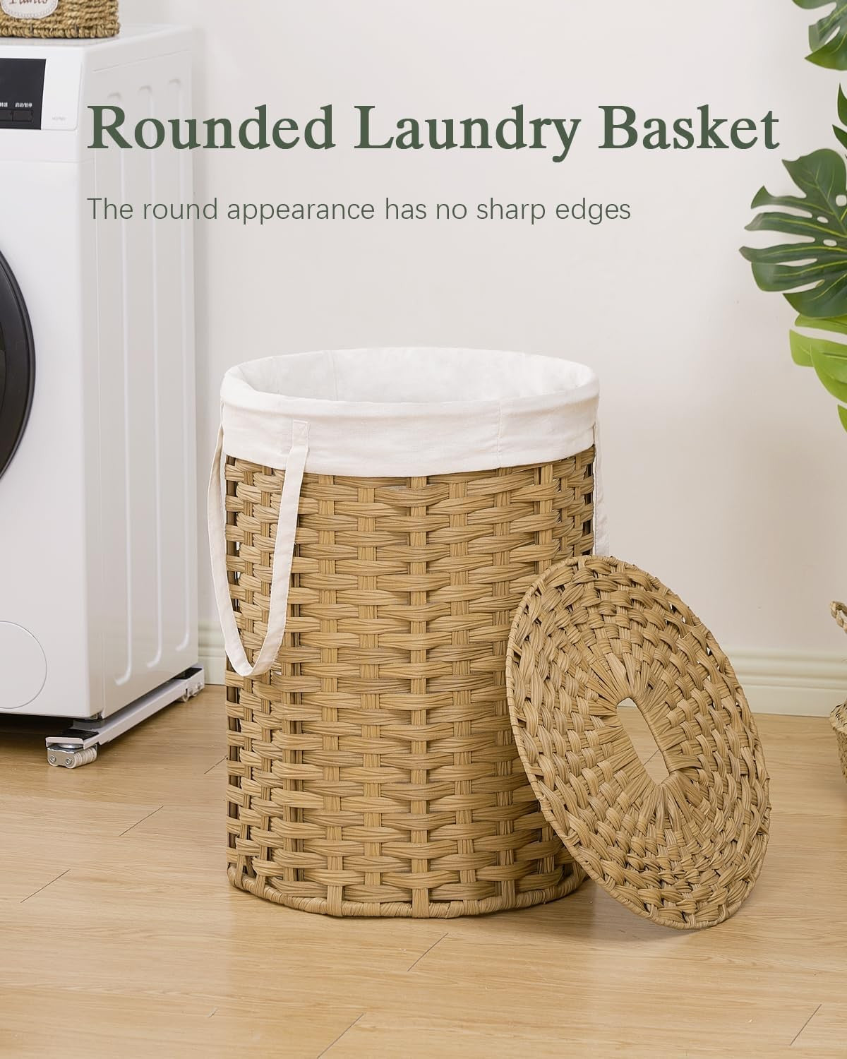 72L Round Wicker Laundry Basket with Lid Large Rattan Hamper Natural Storage