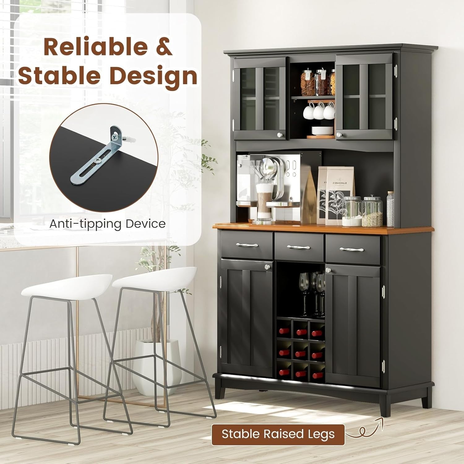 Black Kitchen Sideboard 185cm Storage Cabinet Wine Rack Drawers Glass Doors