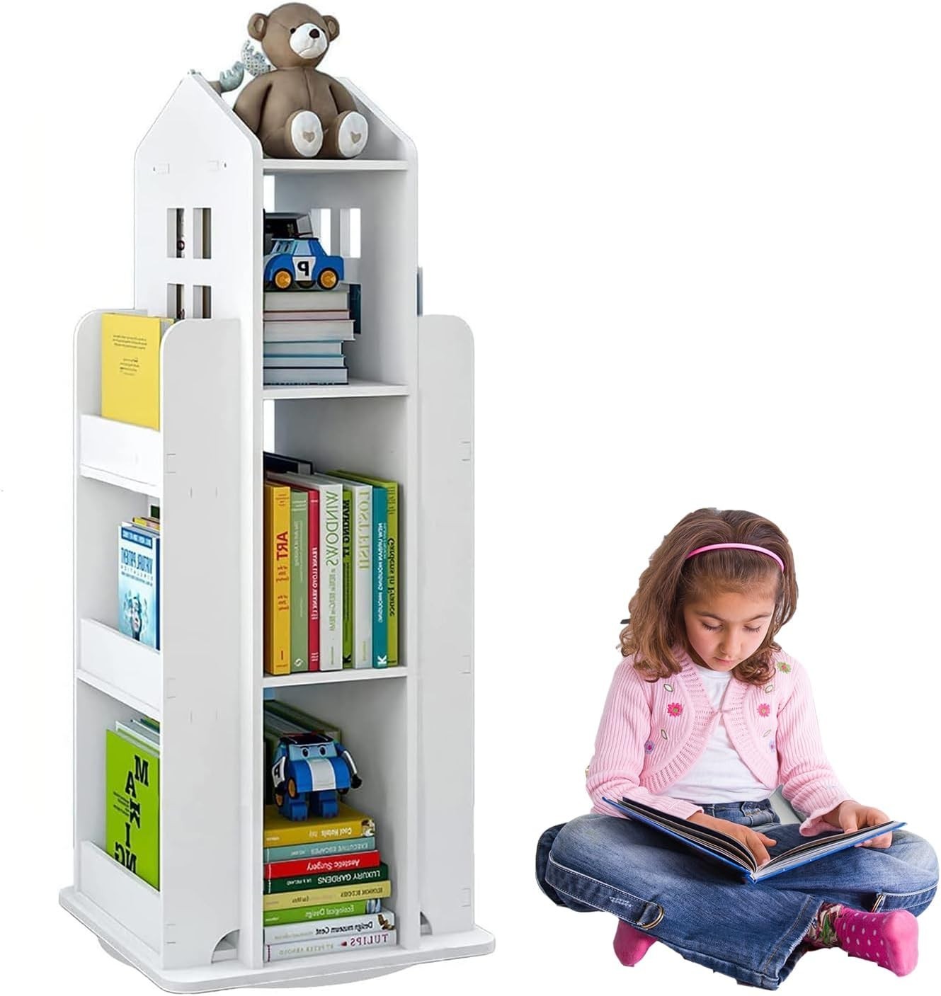 360° Rotating 3-Tier Kids Bookshelf – House Shape, Space Saving Storage