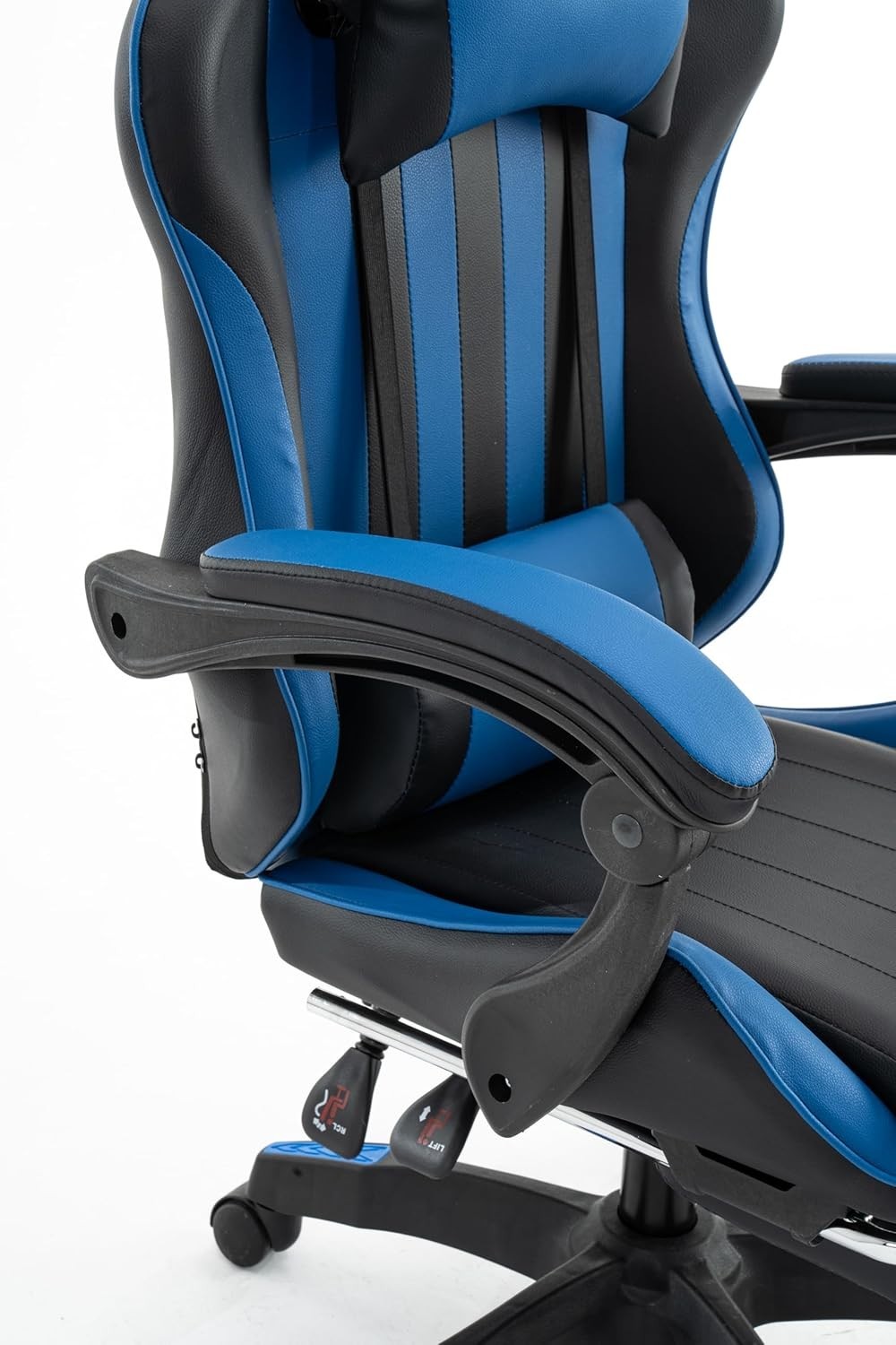 Gaming Chair Blue Faux Leather Office Desk Swivel Adjustable Height Armrest Foot