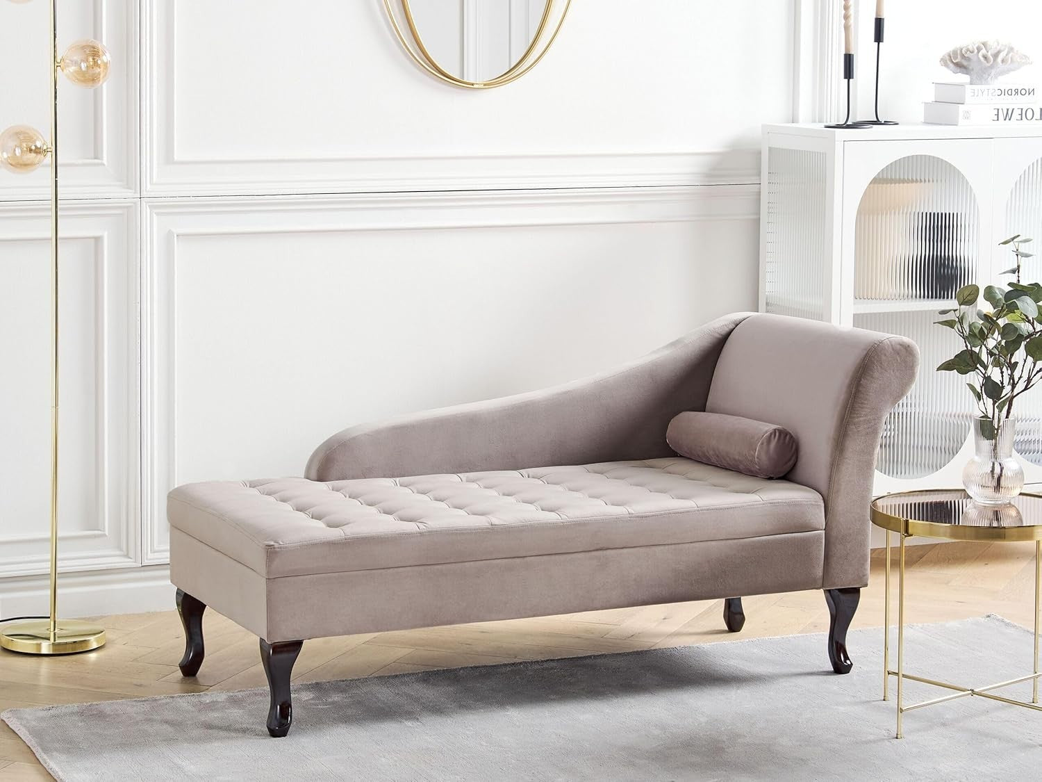 Velvet Chaise Lounge with Storage & Bolster Pillow, Elegant Indoor Sofa Seat