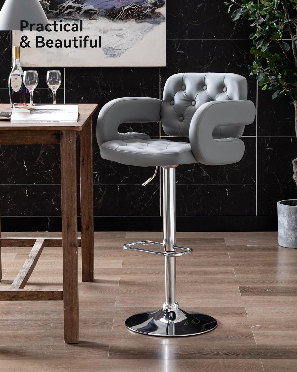 Light Grey Adjustable Swivel Kitchen Breakfast Bar Stool Faux Leather