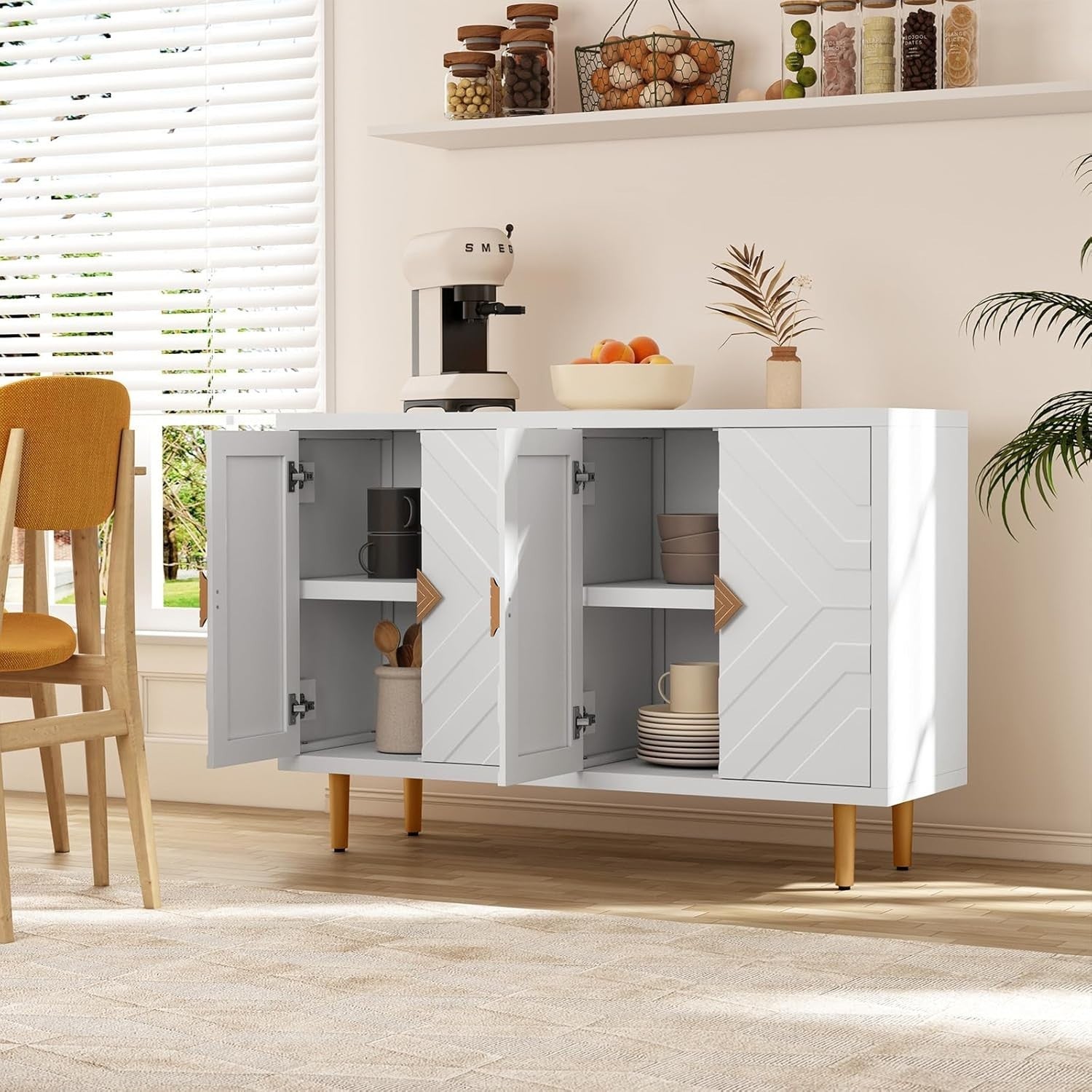 White Kitchen Sideboard Cabinet 4 Doors Storage Buffet Table with Shelves