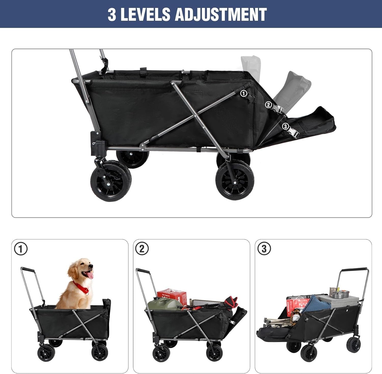 Heavy Duty Folding Dog Wagon Cart w/ Extendable Rear All-Terrain Wheels 150lb