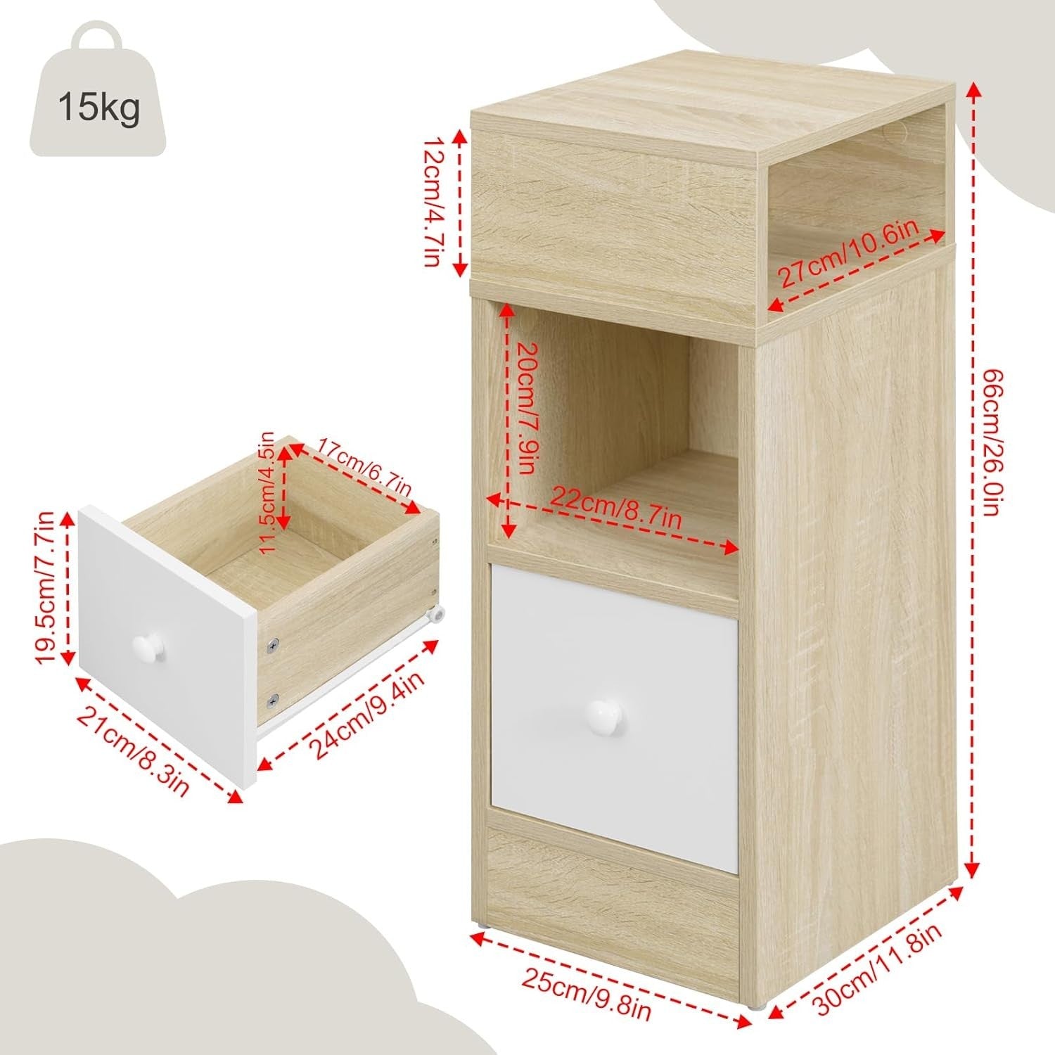 Set of 2 Light Oak Slim Bedside Tables with Drawer & Shelves 25x30x66cm