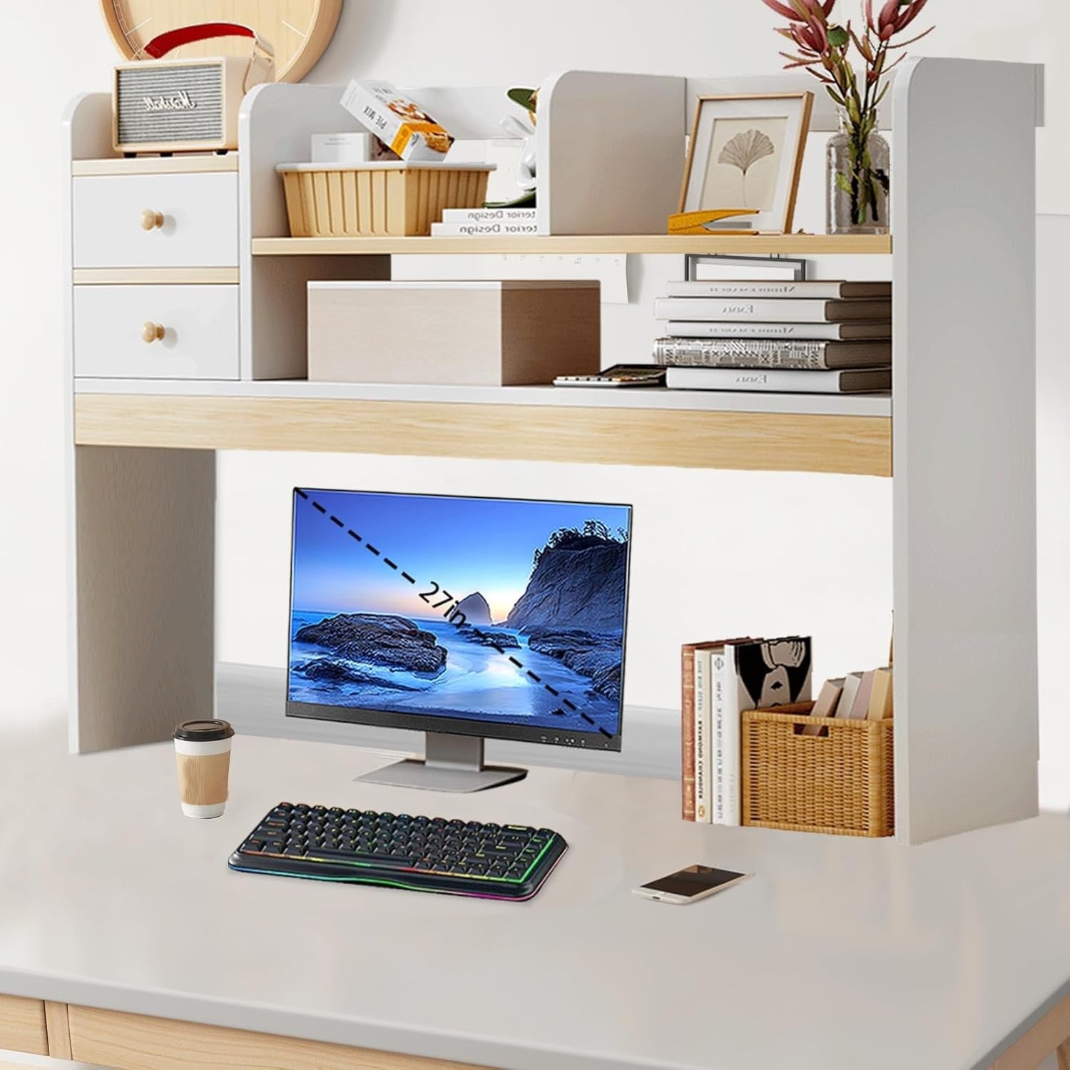 36.6" White Desk Hutch Shelf | 4-Tier Desktop Bookshelf Organizer for Monitor