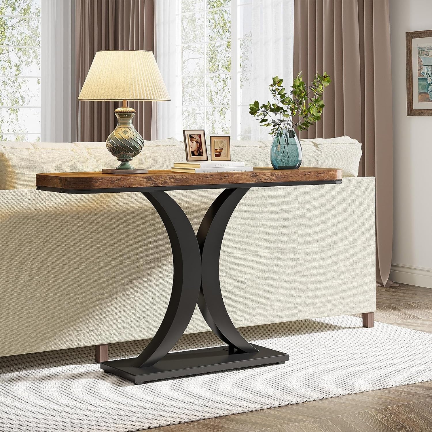 Rustic Narrow Console Table 30” Entryway Accent Table with Geometric Base