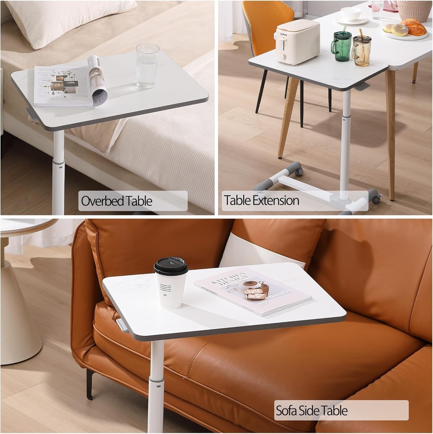 Marble White Overbed Table with Wheels Adjustable Hospital Bedside Laptop Desk