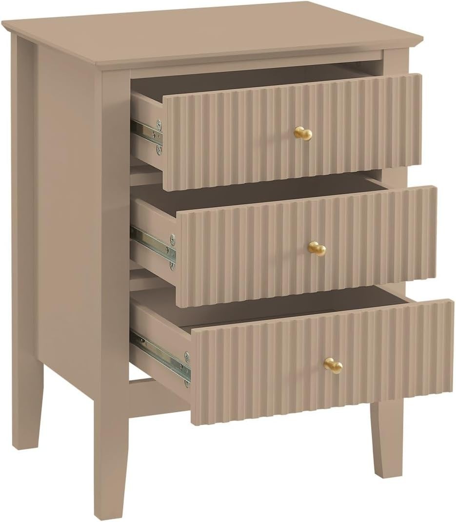 Pair of Modern 3 Drawer Bedside Tables – Taupe Tan Wood Nightstands