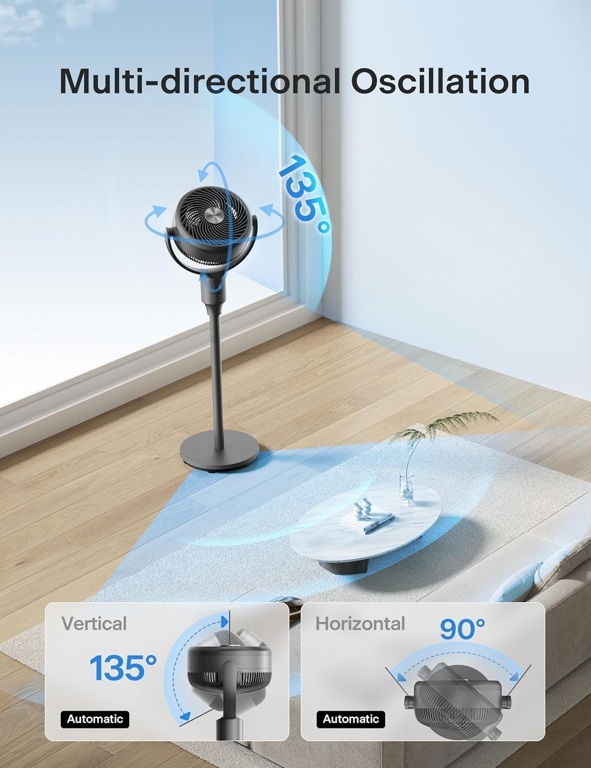 Adjustable Standing Fan Grey – 3-Speed Quiet Oscillating Air Circulator Remote
