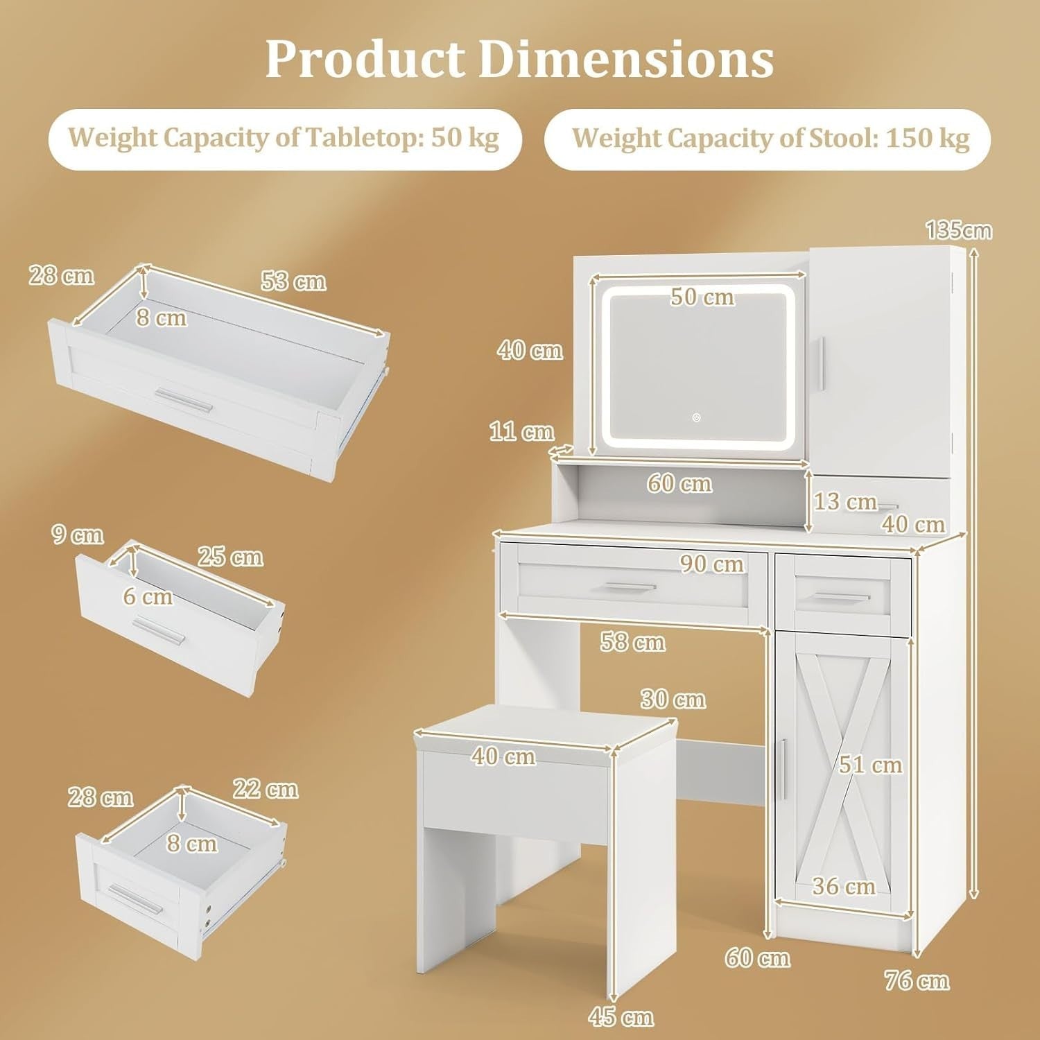 White Vanity Makeup Table Set with LED Lighted Mirror & Charging Station