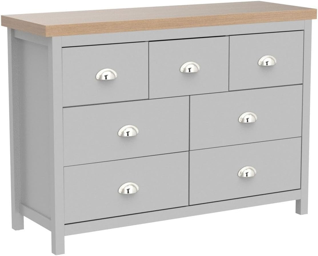 7 Drawer Wide Chest Grey Oak Effect Storage Unit for Bedroom Office