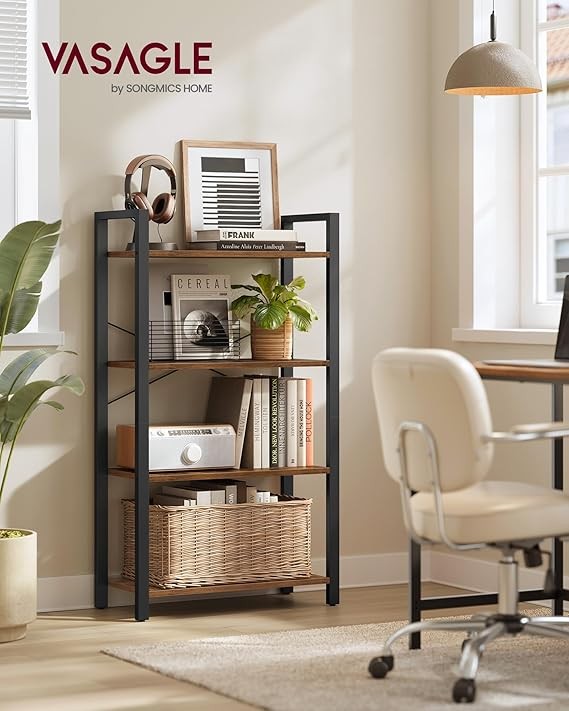 4-Tier Industrial Bookshelf Rustic Storage Unit Metal Wood Display Rack