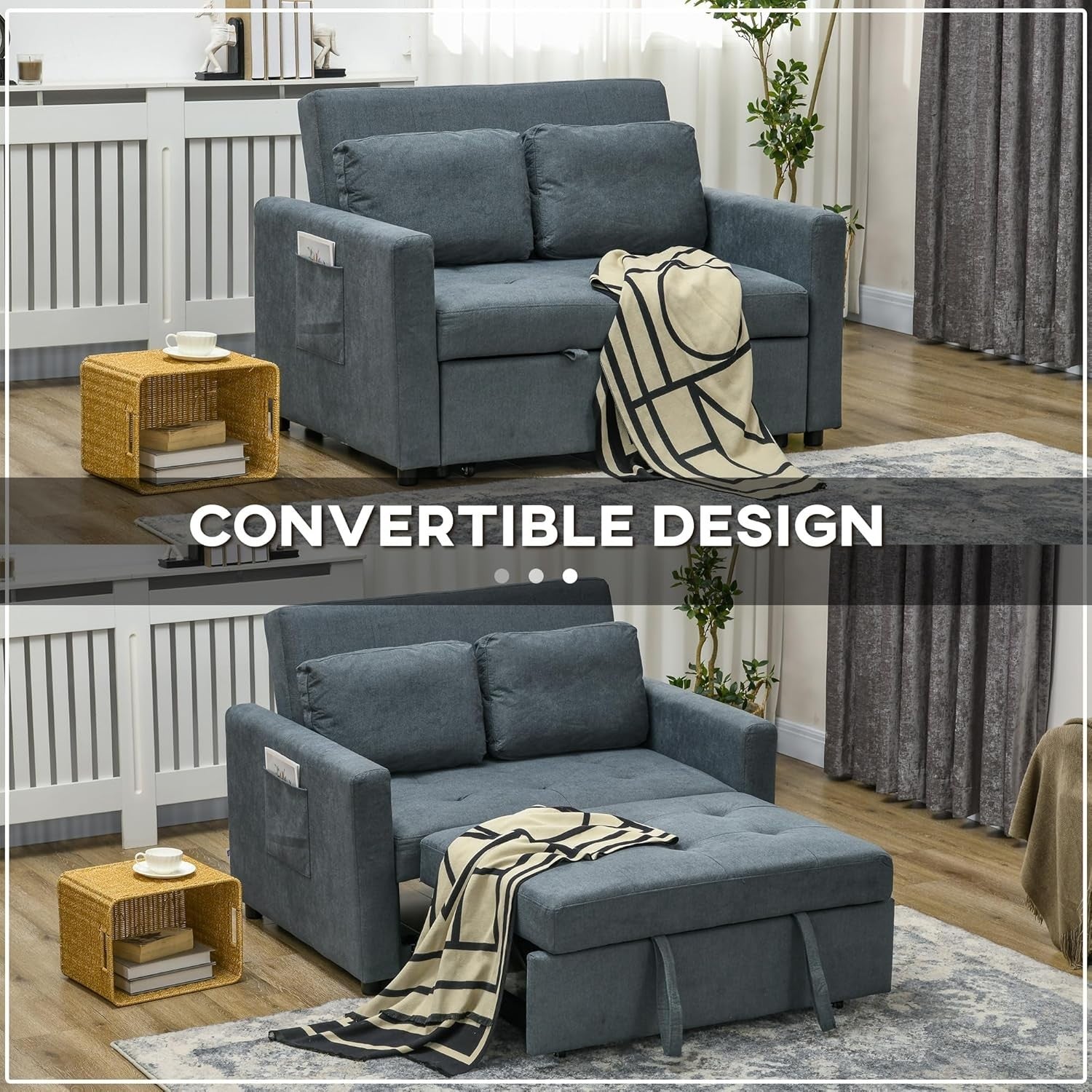 2 Seater Sofa Bed Grey – Pull Out Guest Bed with Storage & Cushions