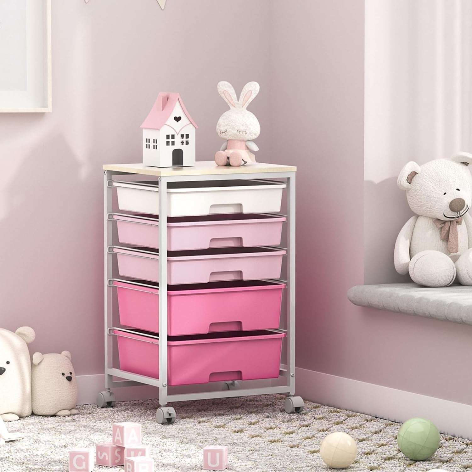 5 Drawer Rolling Storage Trolley Cart with Wheels Utility Organizer Pink