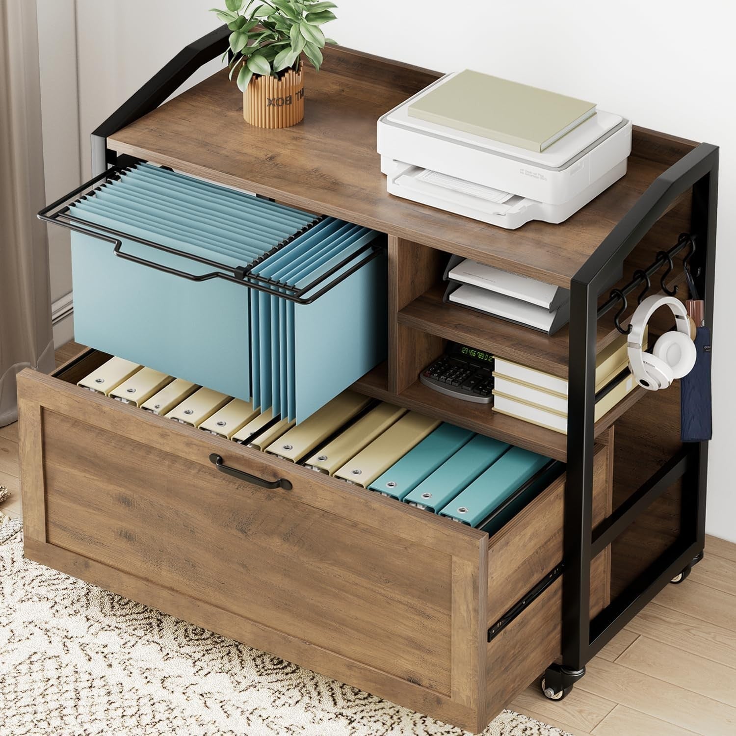 Rustic Oak Rolling Lateral File Cabinet Printer Stand Legal Letter