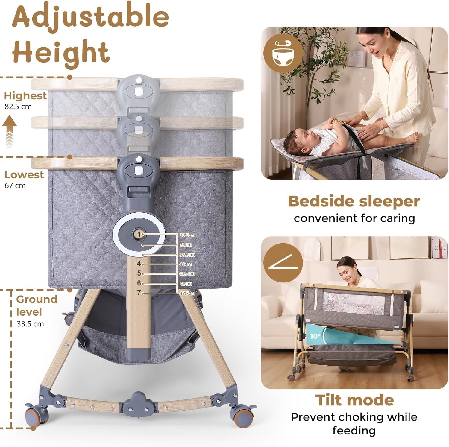 5in1 Baby Bedside Crib Adjustable Height Travel Cot with Mattress & Storage Grey