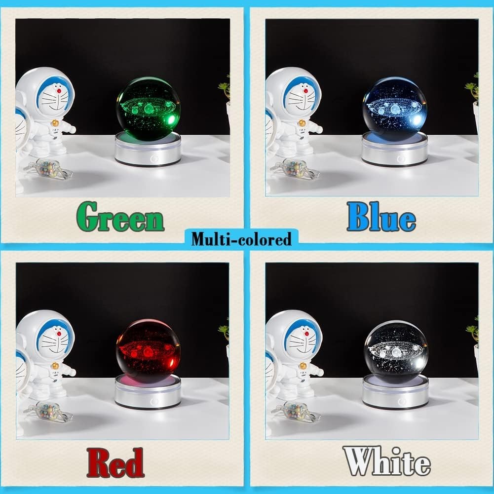 3D Solar System Crystal Ball with LED Stand • Space Gift • Engraved Planets