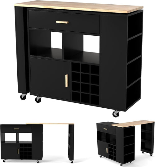 Rolling Kitchen Island Cart w/ Rotatable Worktop, Wine Rack & Lockable Wheels