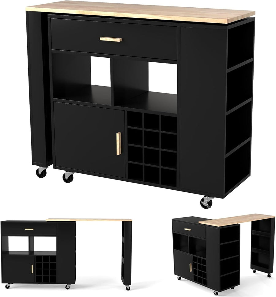 Rolling Kitchen Island Cart w/ Rotatable Worktop, Wine Rack & Lockable Wheels