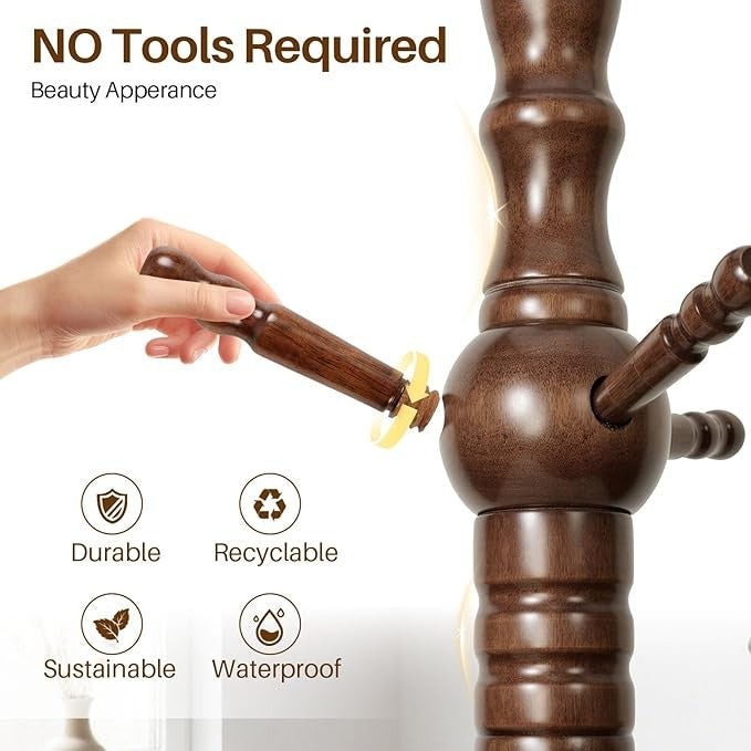 Wooden Coat Rack 188cm Tree Stand with 11 Hooks Heavy Duty Freestanding