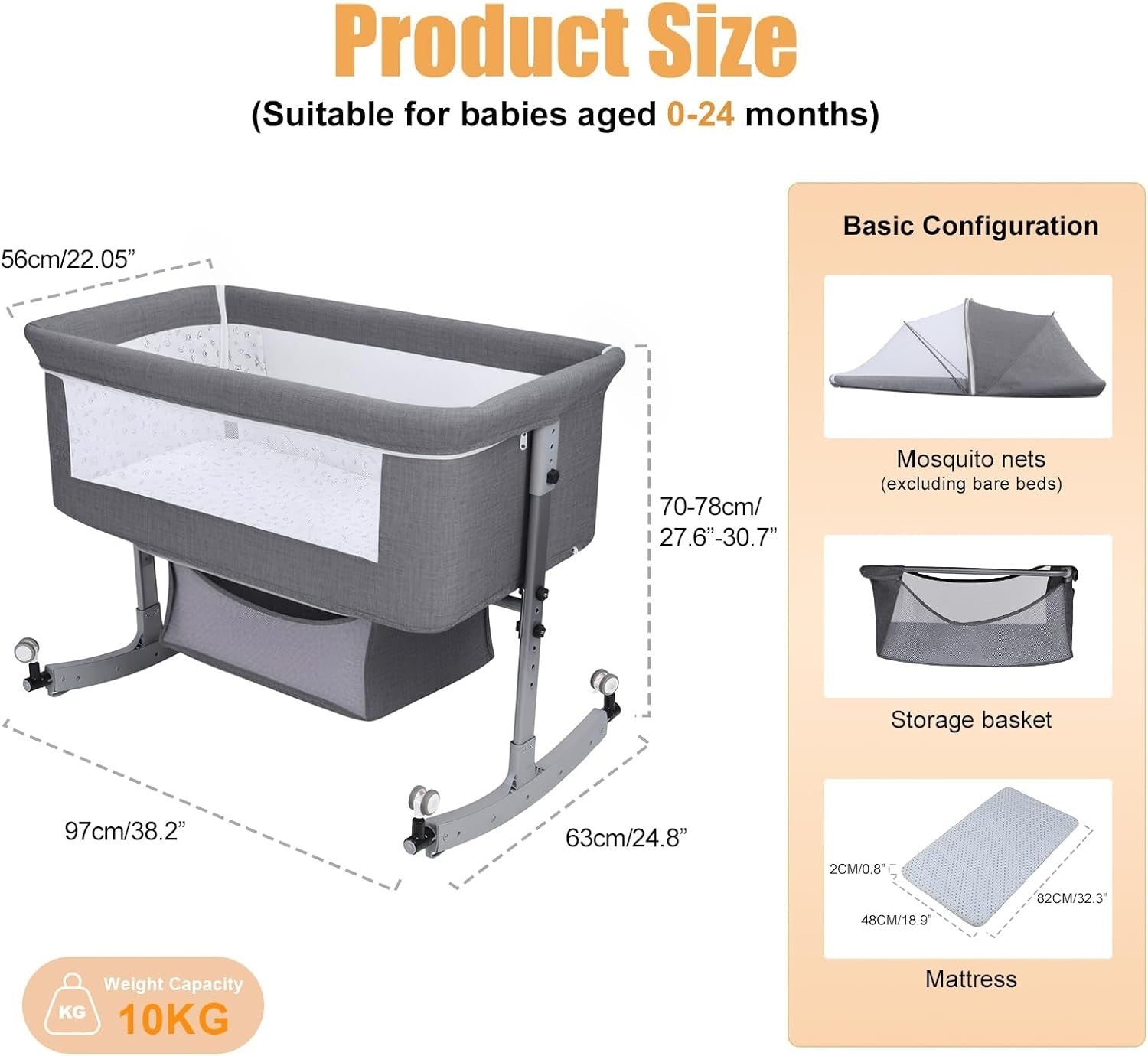 3in1 Baby Crib Bassinet Adjustable Travel Cot with Mattress & Storage Grey A