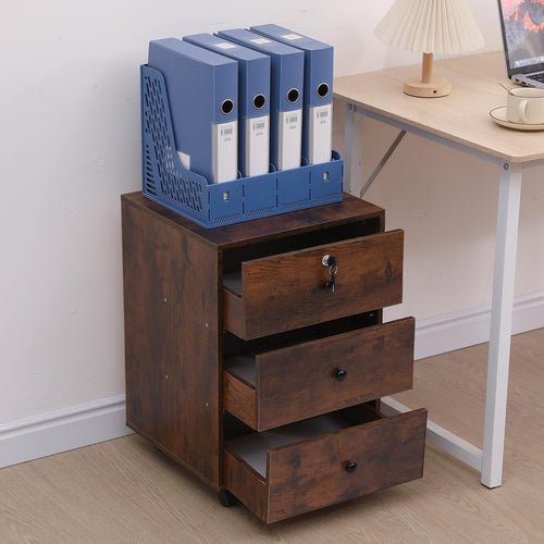Rustic Brown Mobile Filing Cabinet 3 Drawer A4 Under Desk Storage