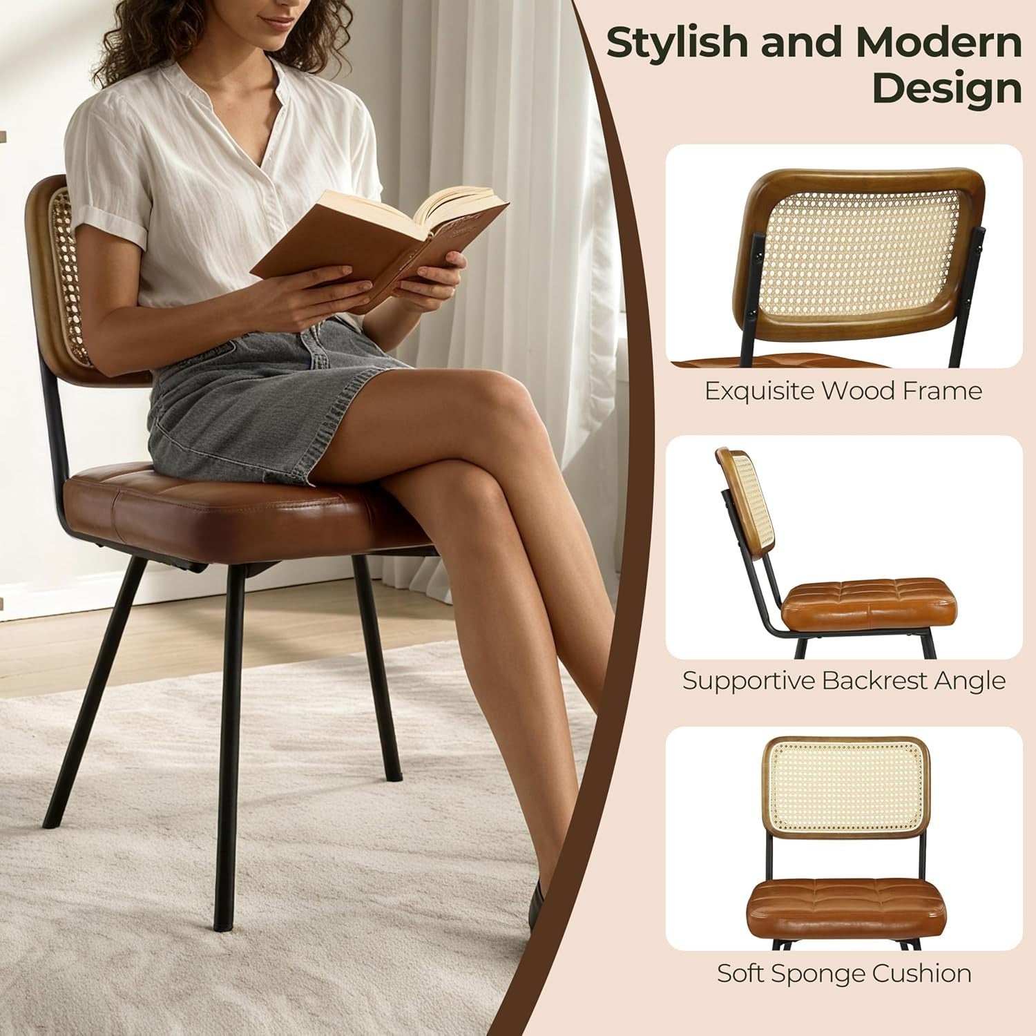 Rattan Dining Chairs Set of 4 Cane Back Faux Leather Mid Century Kitchen
