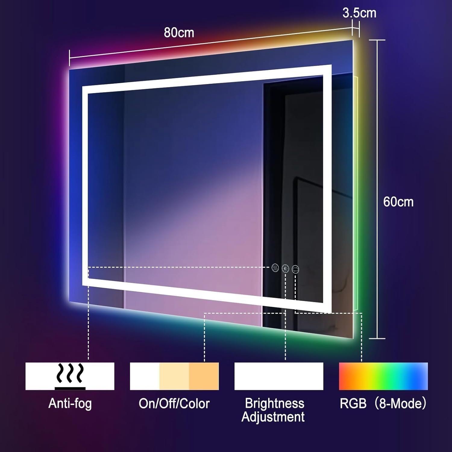 LED Bathroom Mirror 80x60cm Anti-Fog RGB Lights Touch Dimmable Wall