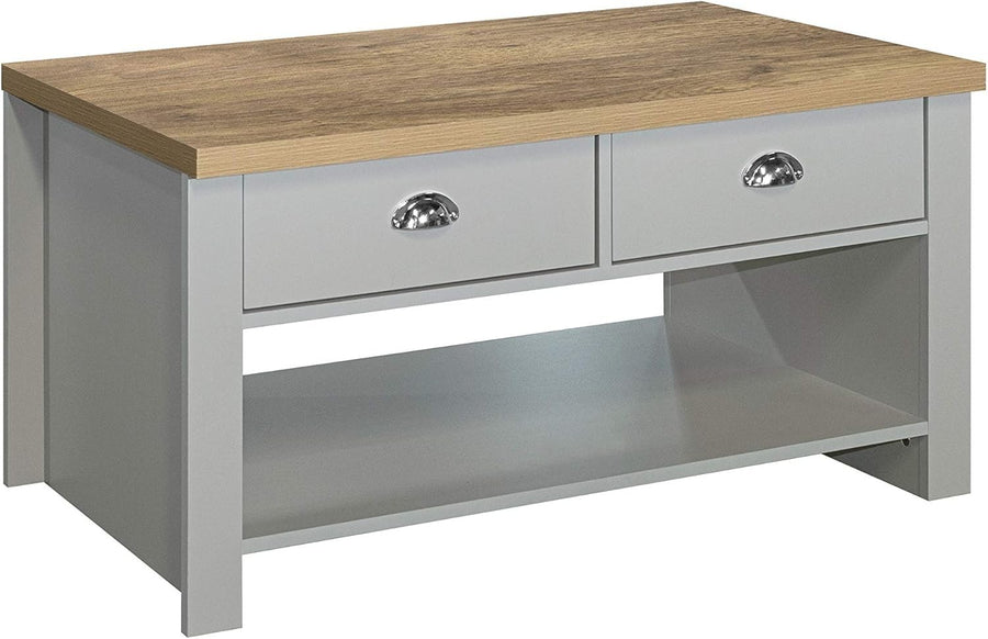Farmhouse Grey & Oak Coffee Table 2 Drawer Storage Shelf Modern Rustic Style