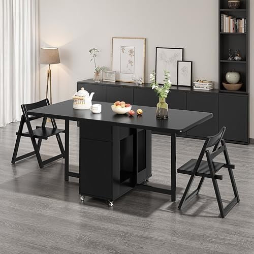 Folding Dining Table Set with Storage Drawers & 6 Chairs Black Wood