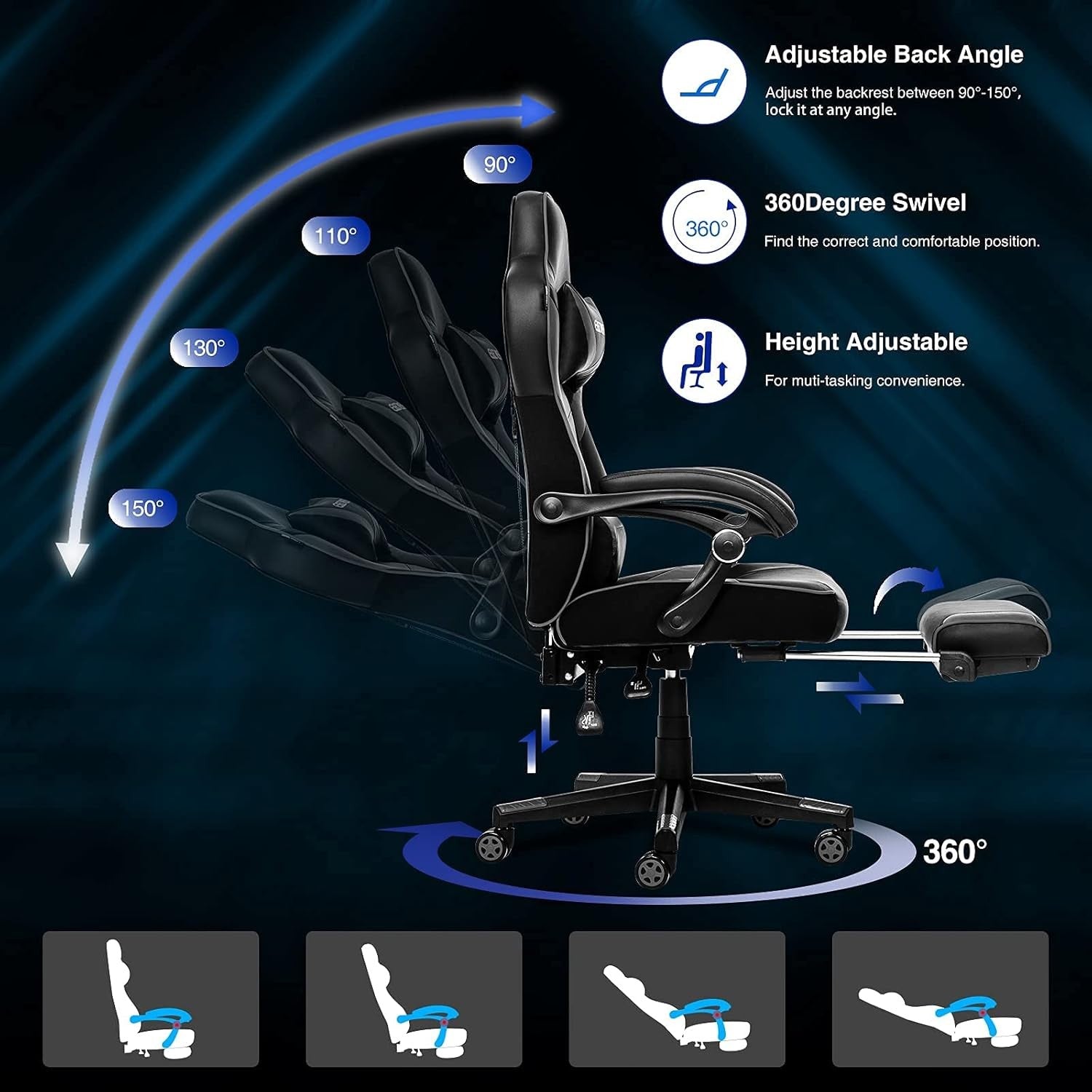 Racing Gaming Chair w/ Footrest Reclining PU Leather Grey