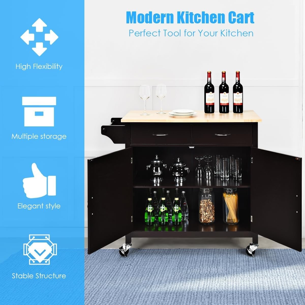 Rolling Kitchen Island Cart w/ Drawers, Towel Rack & Wood Top Trolley
