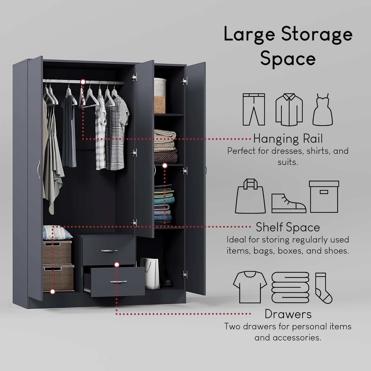 Grey 3 Door Mirrored Wardrobe with Hanging Rail & Drawers, Bedroom Storage