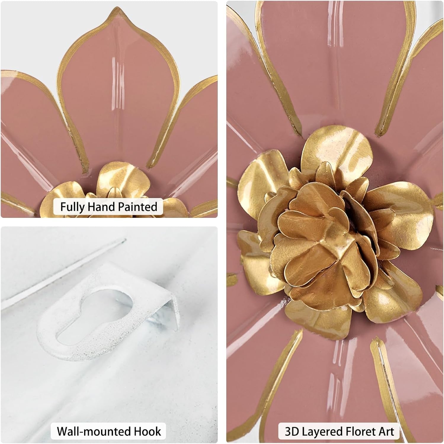 3Pcs Pink Metal Flower Wall Art 3D Modern Floral Decor