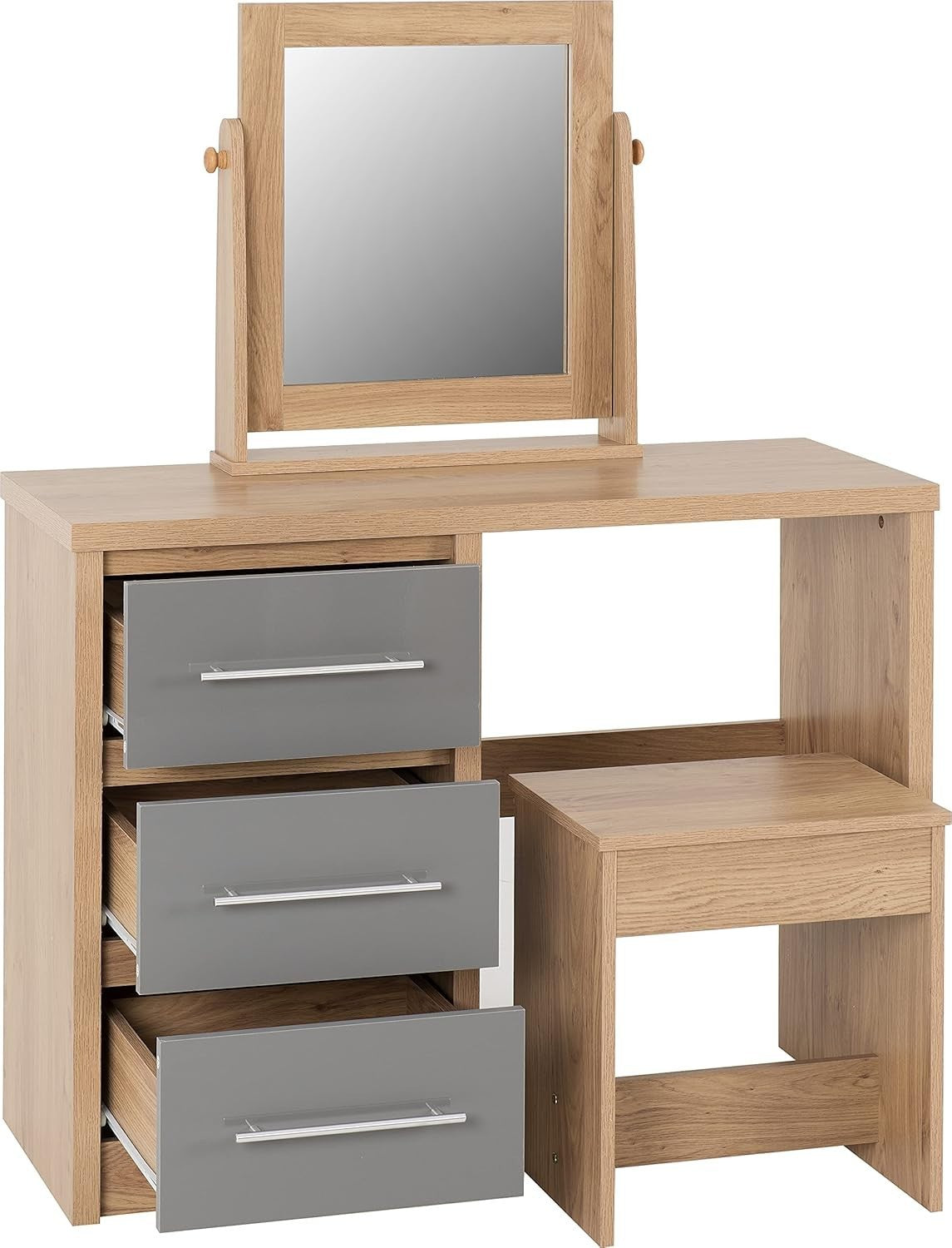 Grey High Gloss Dressing Table Set 3 Drawer Mirror Stool Light Oak Effect Veneer