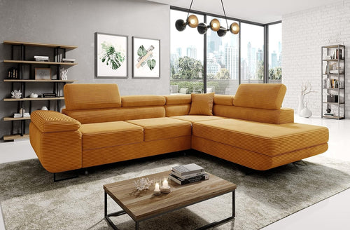 Large Mustard Corner Sofa Bed with Storage & Headrests – L Shape Futon