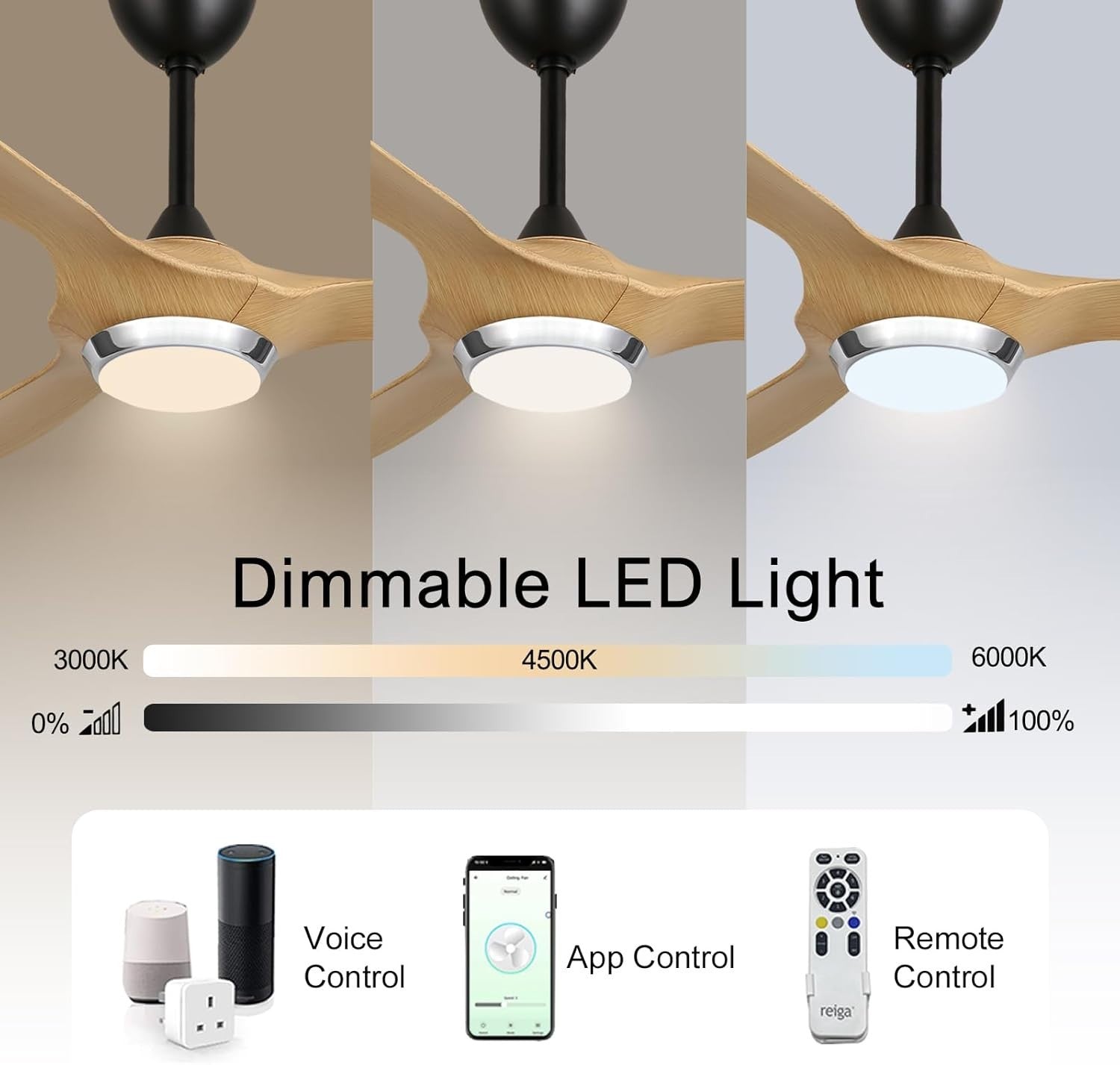 52" Ceiling Fan with Lights Natural Blades Black Motor 35W 6 Speeds