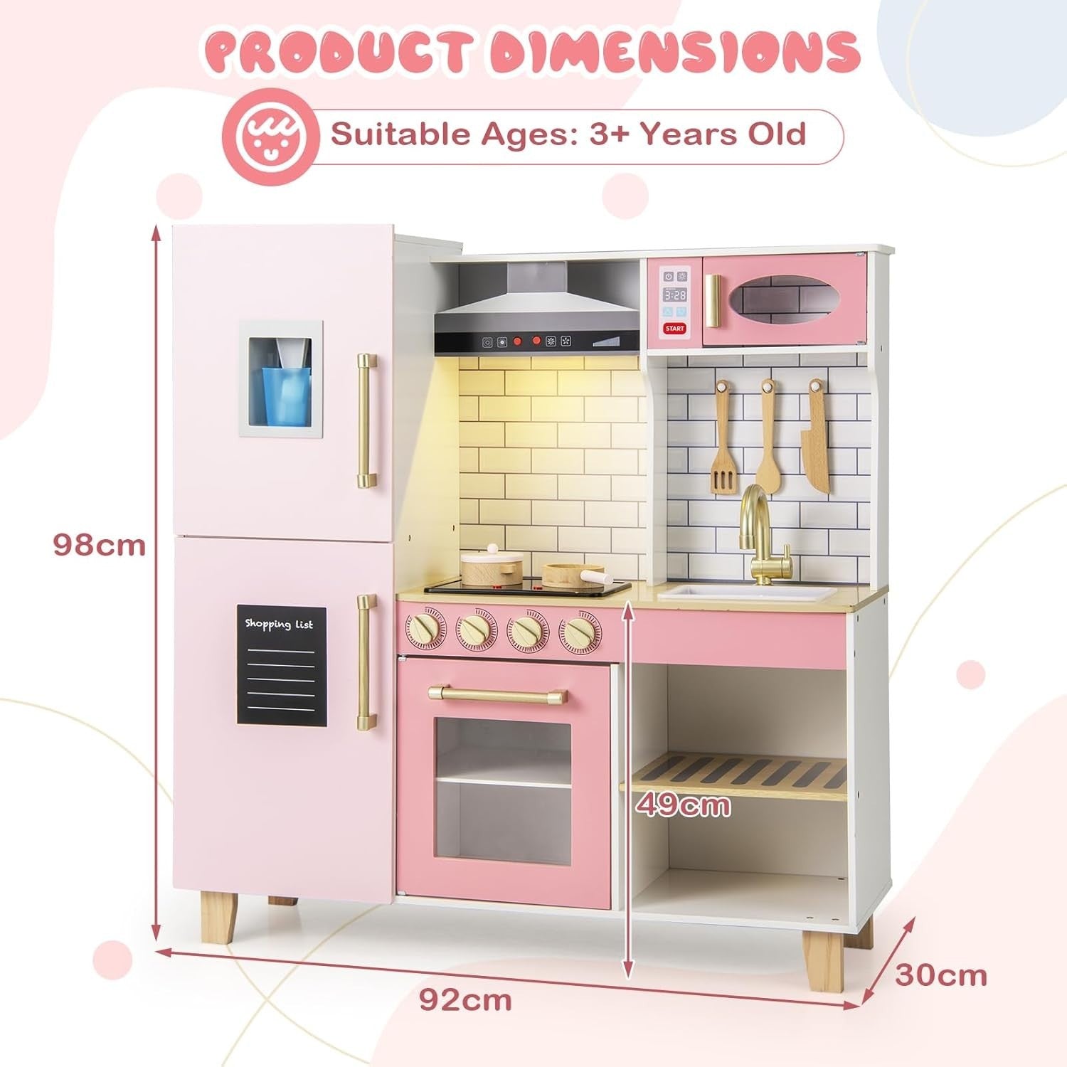 Wooden Kids Play Kitchen Pink Lights Sounds Chalkboard Toy Set