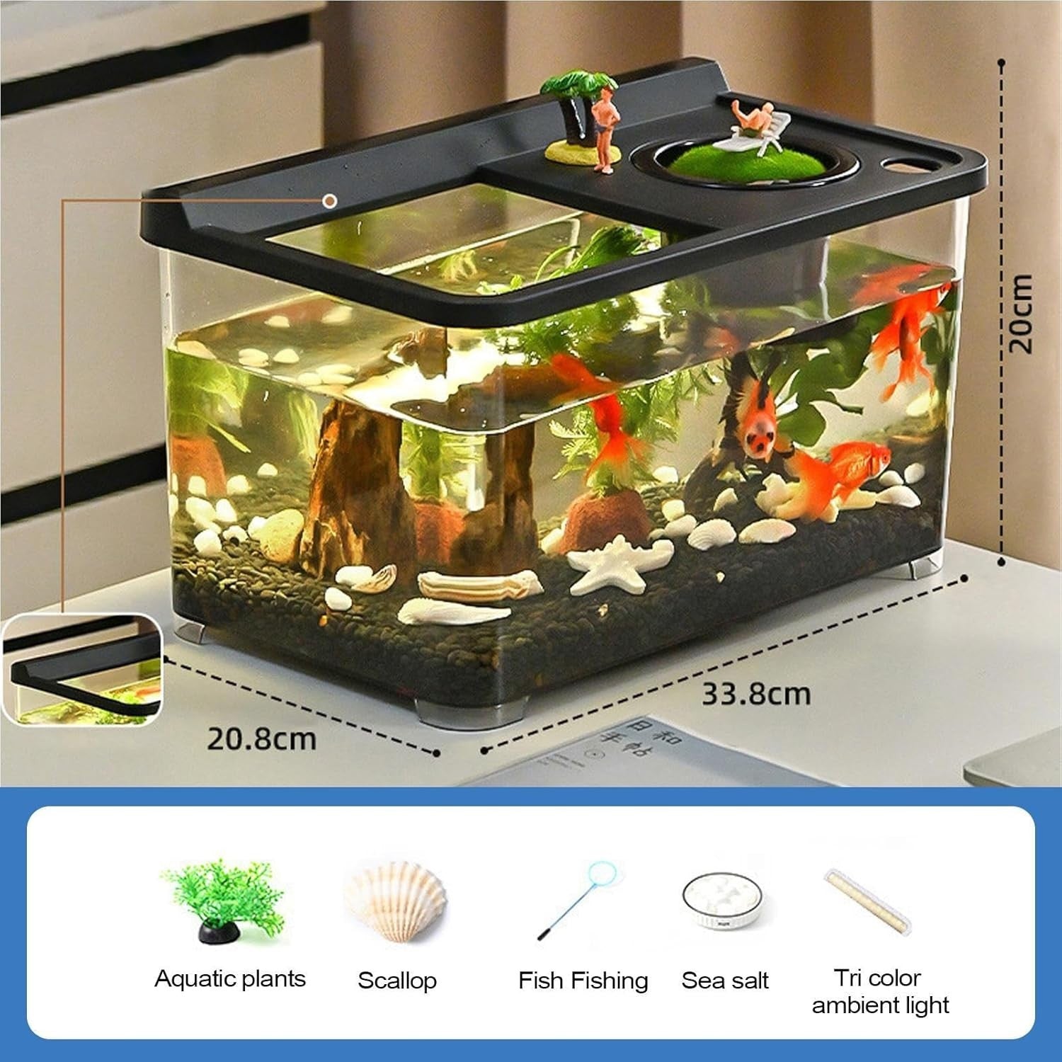 Small Betta Fish Tank 360° Clear Tri-Color LED Aquarium
