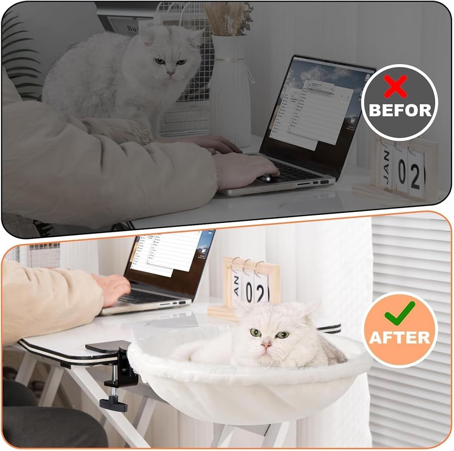 180° Rotating Cat Desk Hammock Foldable Washable Perch Bed White