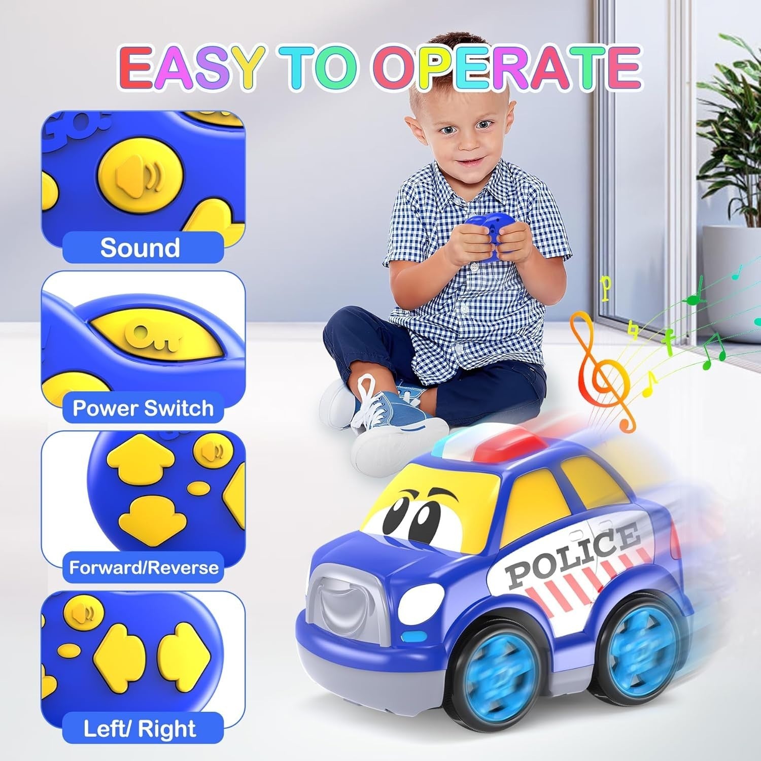 Police Car Toy for 1-3 Year Old Boys – RC Car with Lights & Music