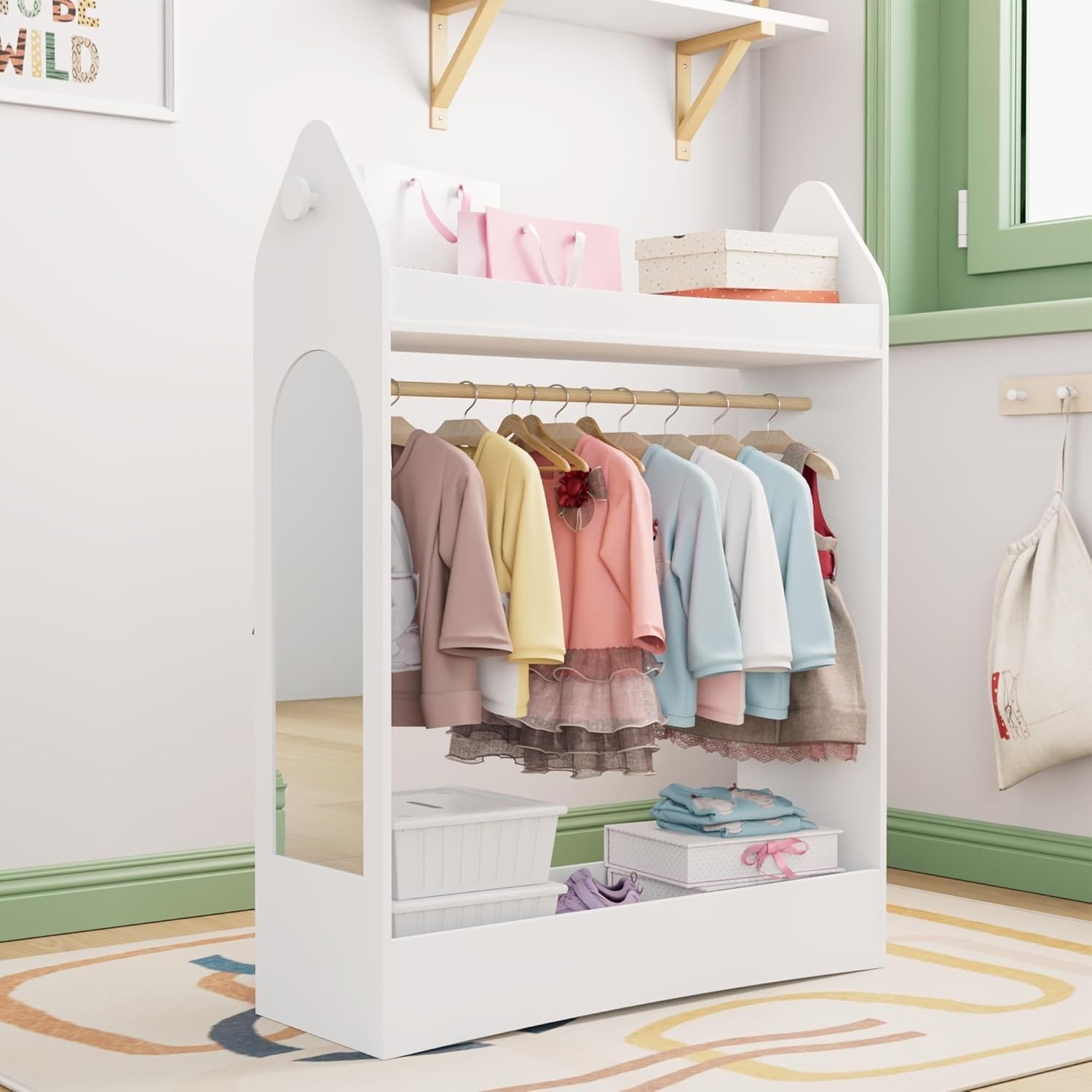 Kids Wardrobe with Mirror & Hanging Rail, No Drawer, White Rocket Design