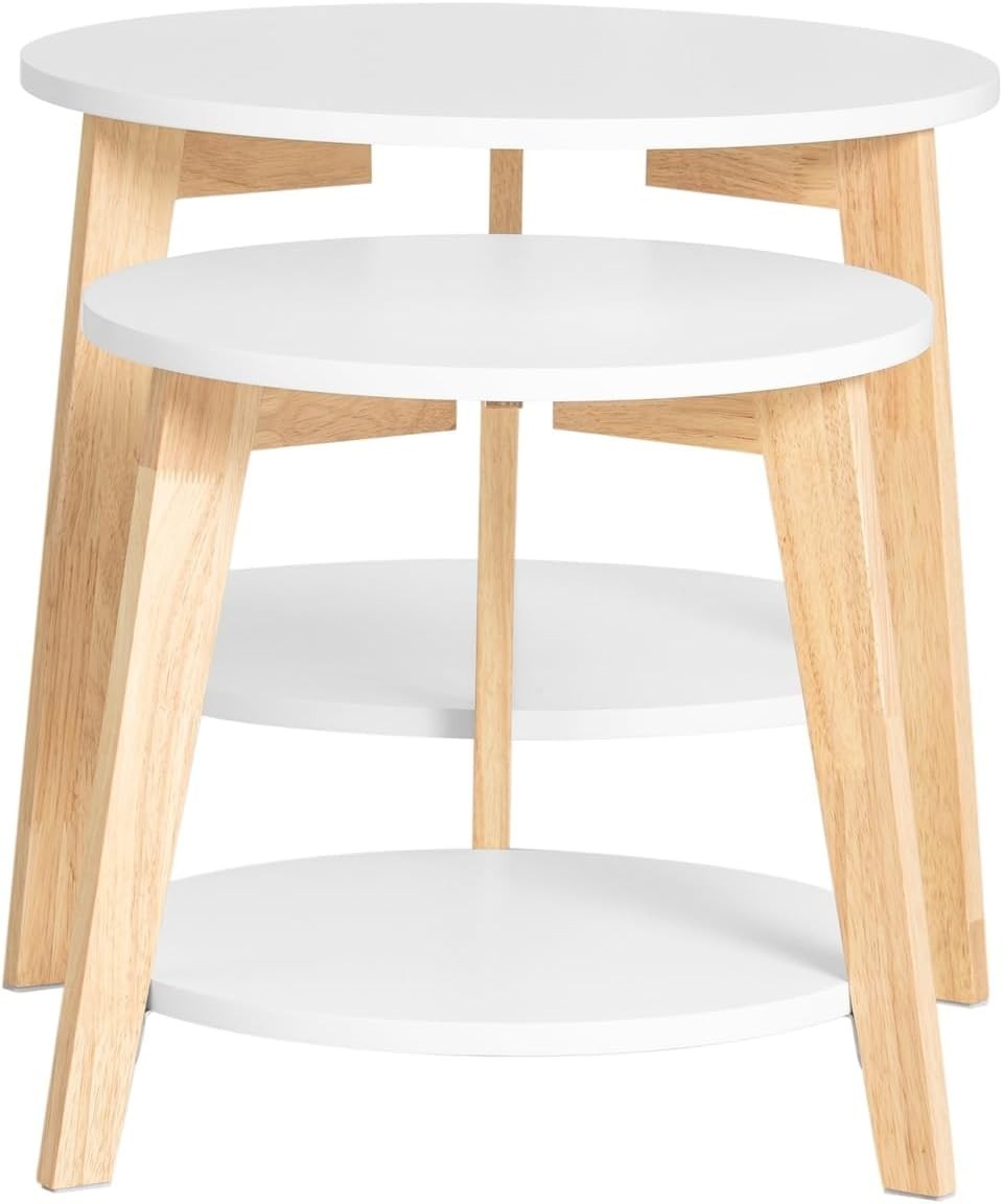 2x Nesting Round Coffee Tables Set Modern White Wood Side End Table Storage